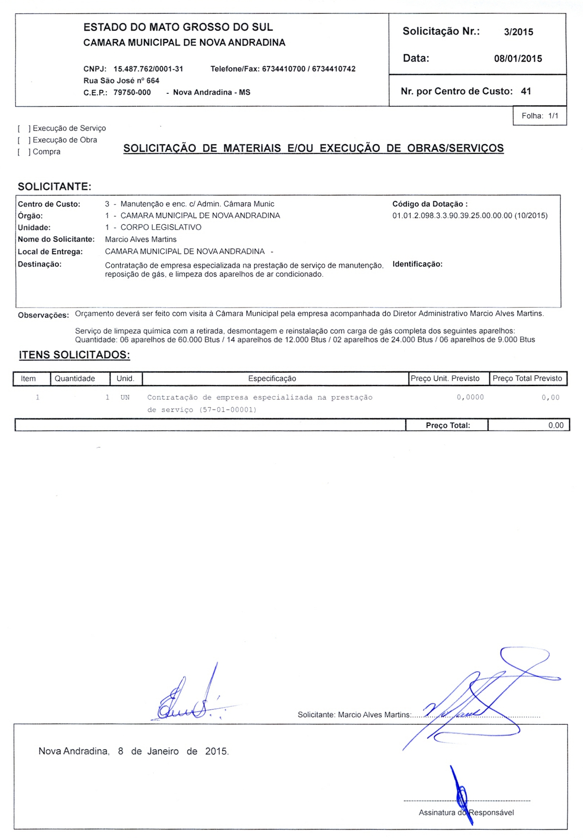 Solicitação 03-2015 Manutenção de ar condicionado
