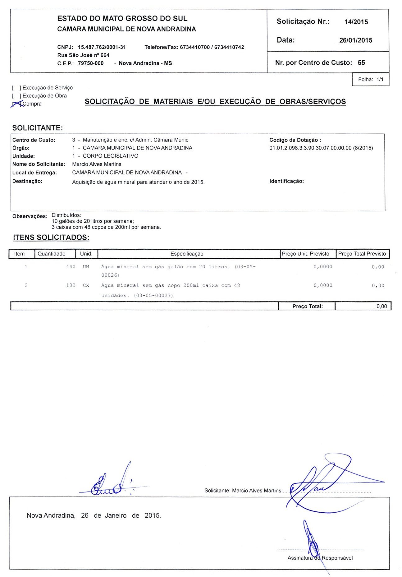Solicitação 14-2015 - Água mineral