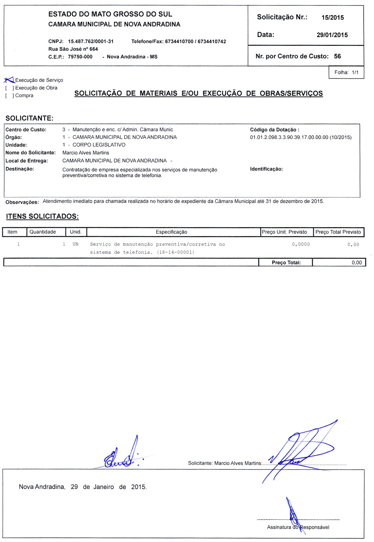 Solicitação 15-2015 - Manutenção do sistema de telefonia