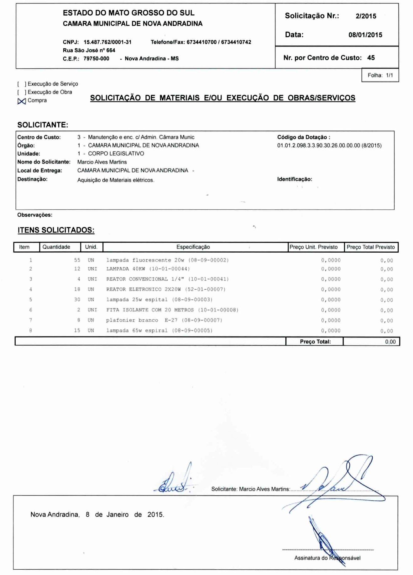 Solicitação 02-2015 - Materiais elétricos