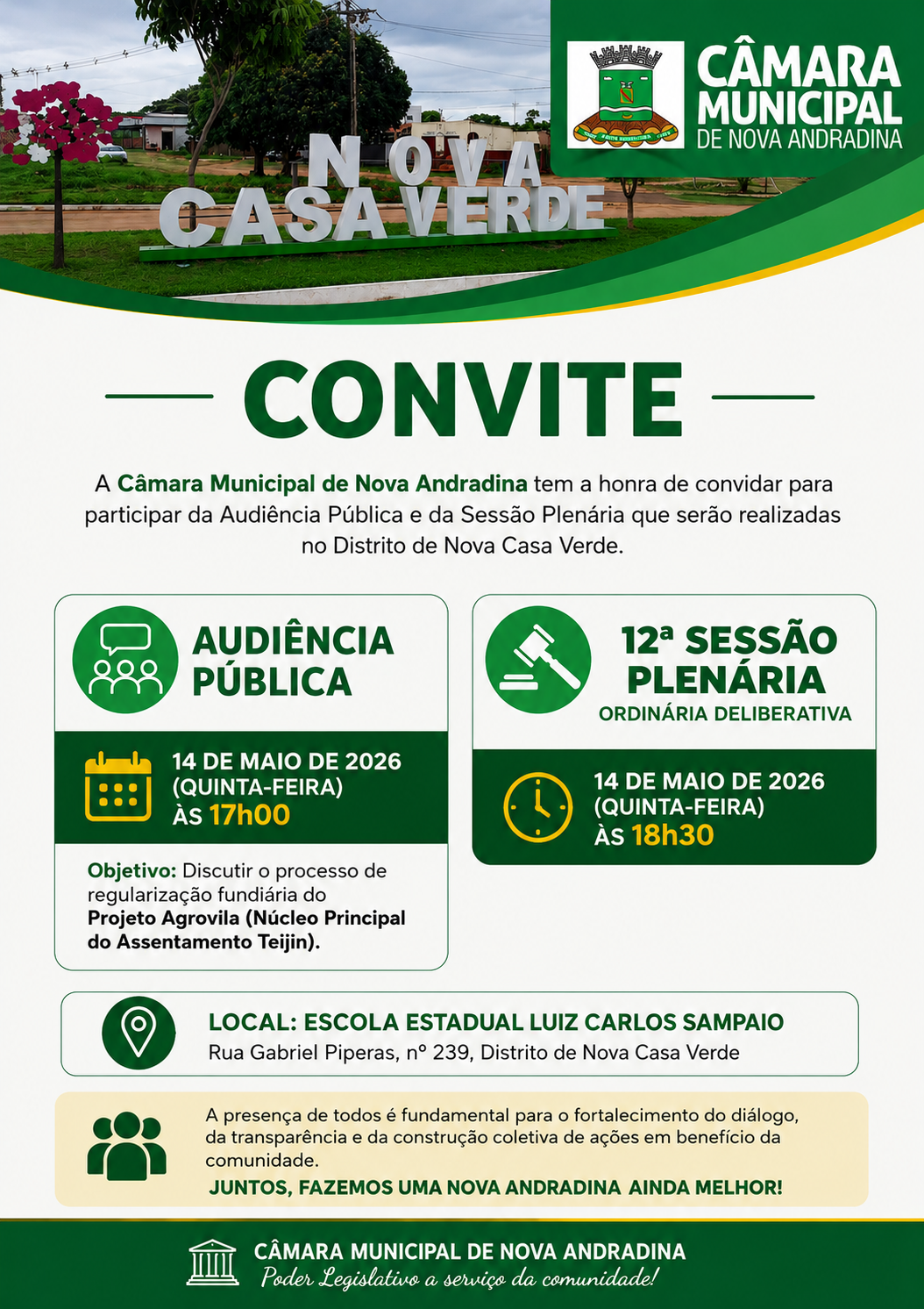 Audiência pública sobre regularização fundiária será realizada nesta quinta em Nova Casa Verde